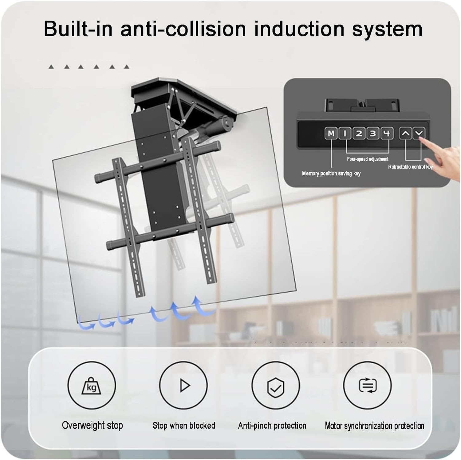 Supporto TV, supporto da parete for monitor, staffa elettrica regolabile a soffitto - for 50-90 pollici, sollevamento motorizzato con telecomando e impostazione di memoria