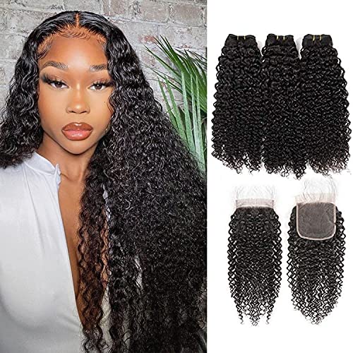 Curly Wave Human Hair Bundles With Closure Brazilian Virgin Hair Weave Bundles With 4x4 Lace Closure