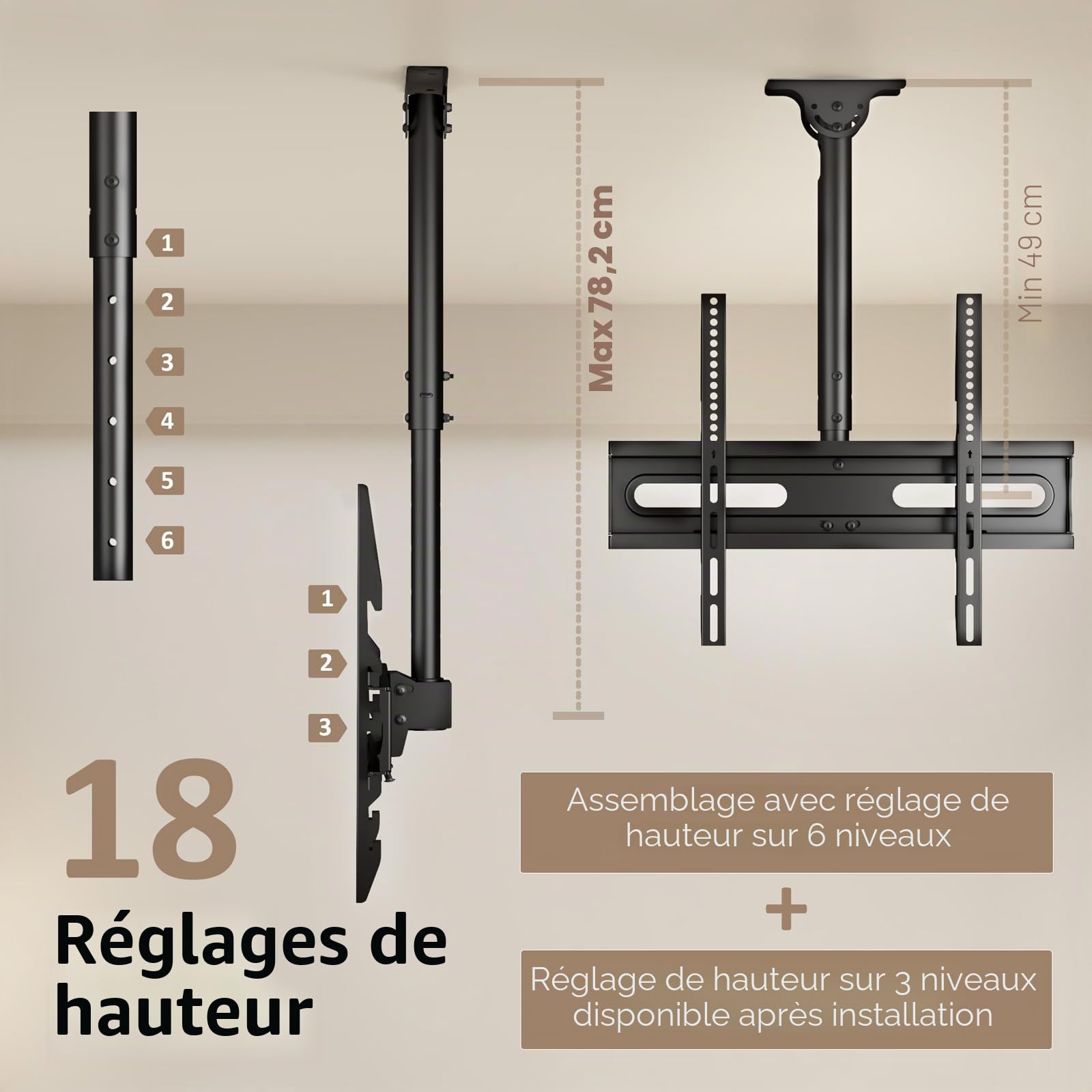 Support TV Plafond pour Téléviseurs LCD LED Plats/Incurvé de 26 à 65 Pouces, VESA jusqu'à 400×400mm Charge 45 kg, Inclinaison à 20° et Rotation à 360°, Support Mural TV