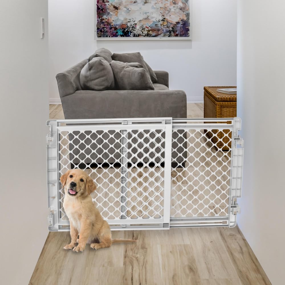 ( similar ) 2-in-1 Easy Swing Petgate: 27"-41" Wide Dog Gate. Safety Latch, Hardware Mount. Pet Gates for Doorways & Stairways. Made in USA. 27" Tall, Light Gray