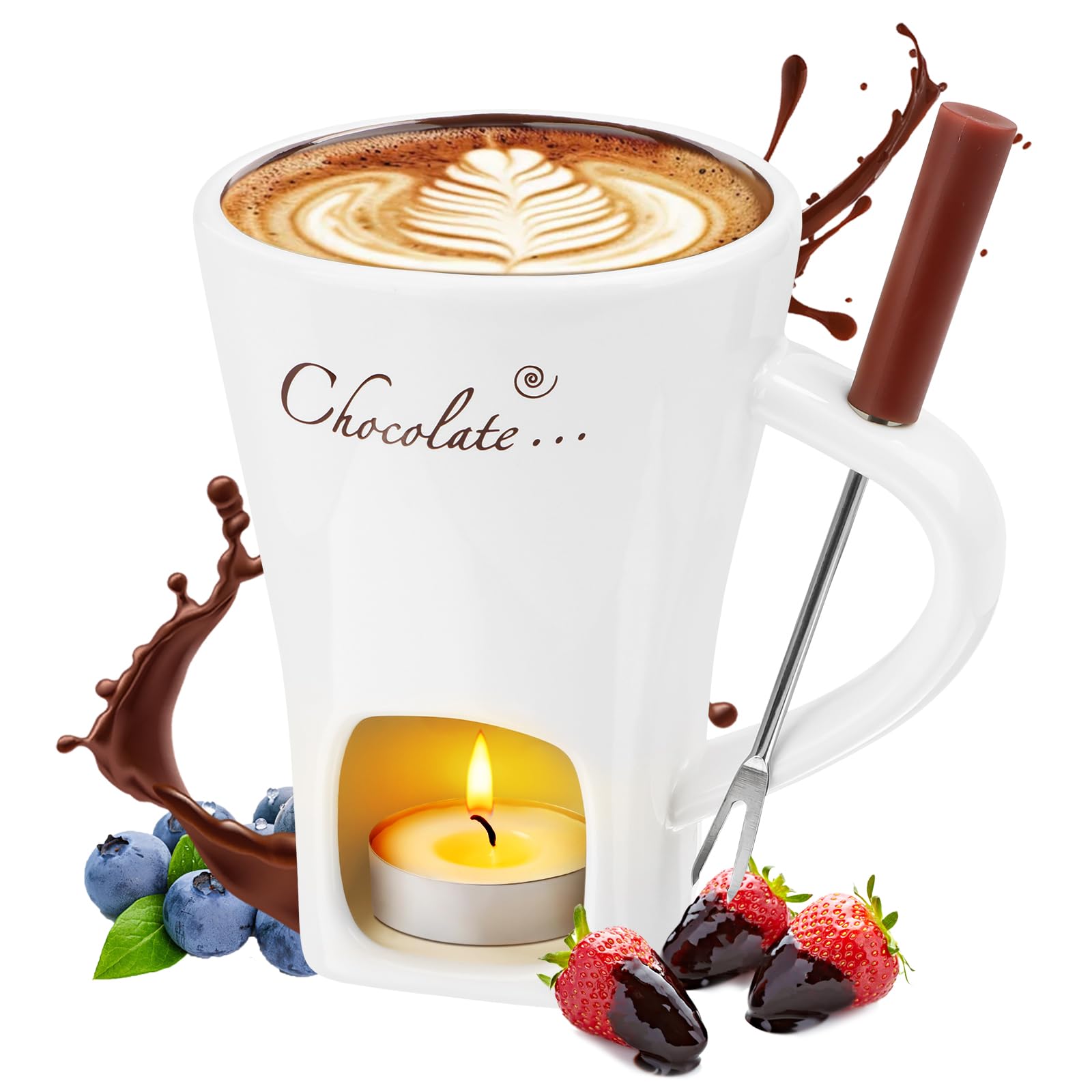 Fondue Chocolat Bougie Tasse à Fondre Le Chocolat, Bougie Chauffe-Plat Mug à Fondue En Céramique Chauffe-Beurre Avec Fourchette, Fournitures De Fondre Le Chocolat Pour Fromage, Chocolat Et Tapas Fondue Bougie