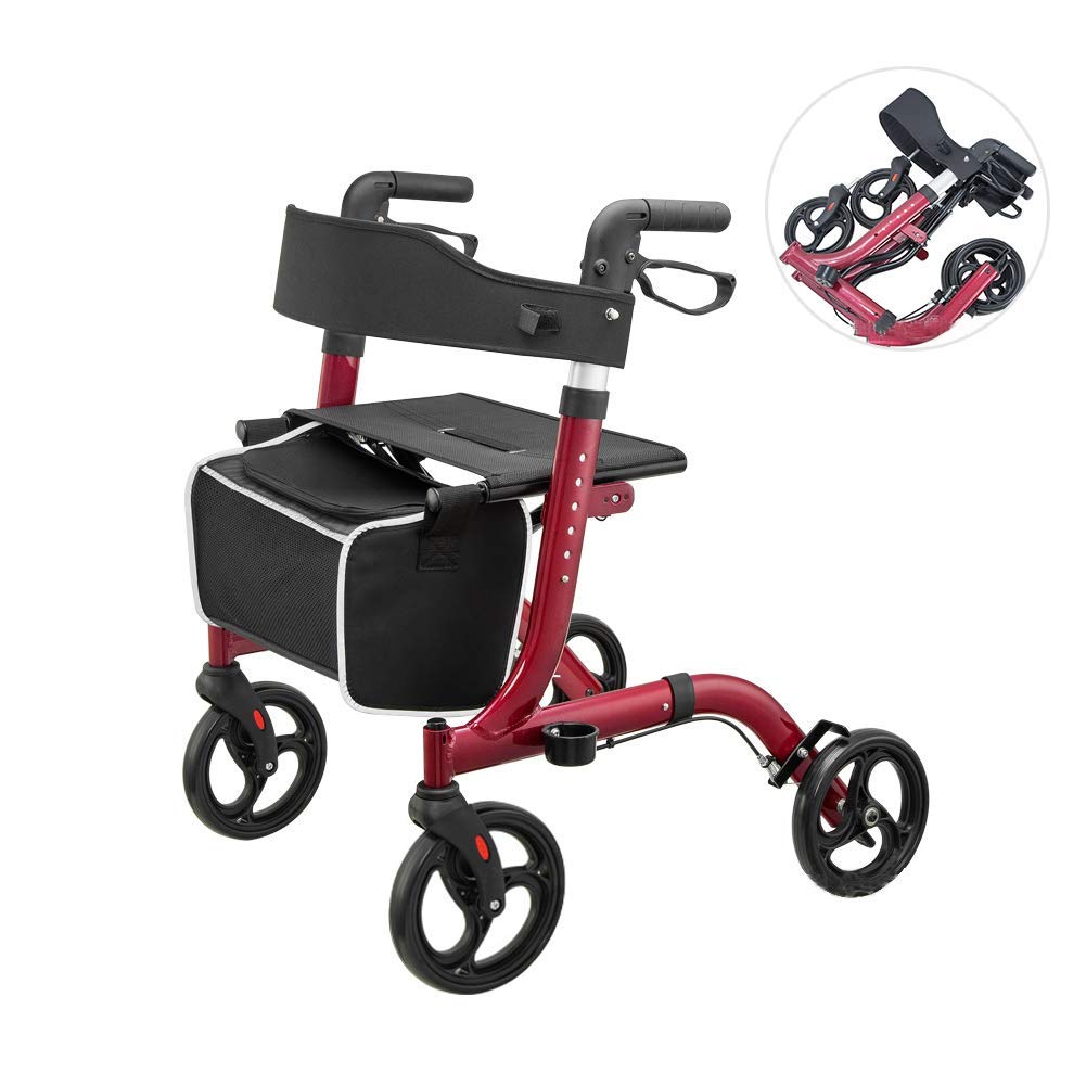 Składany Chodzik Typu Rollator Chodziki Typu Rollator Chodzik Lekki Składany Chodzik Na 4 Kółkach Z Siedziskiem, Blokowanym Hamulcem, Ergonomiczną Rączką I Wyjmowaną Torbą Do Przechowywania