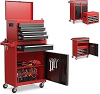 Goplus 5-Drawer Rolling Tool Chest with Detachable Toolbox, Lockable Wheels & Adjustable Shelf - Garage Workshop Organizer (Red/Black)