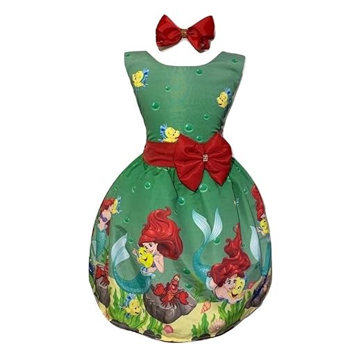 Vestido Infantil Luxo Ariel Vermelho com Verde Festa Aniversário Comemorações