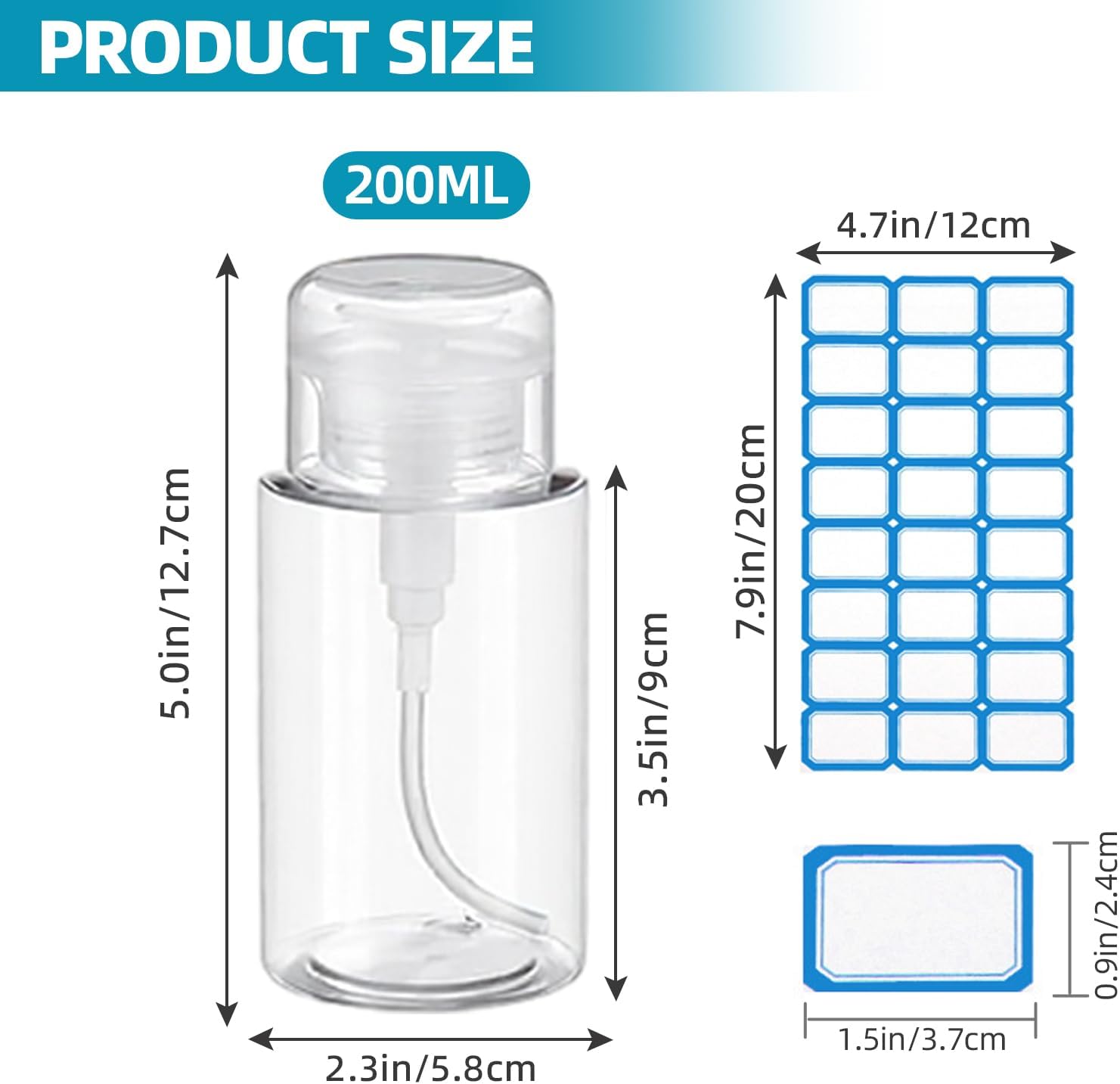 24 Pcs Push Down Pump Dispenser, Lockable Empty Refillable Bottles for Nail Polish Remover, Acetone & Makeup Remover, 6.8oz/200ml Clear Cosmetic Container with Labels