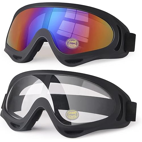 Motorcycle Goggles Kids, 2 Pack Dirt Bike ATV Motocross Goggles Ski Goggles, Off Road Riding Goggles for Child, Anti-UV Dust Airsoft Glasses for Men Women Youth Adult (Black Frame/Color+Clear Lens)
