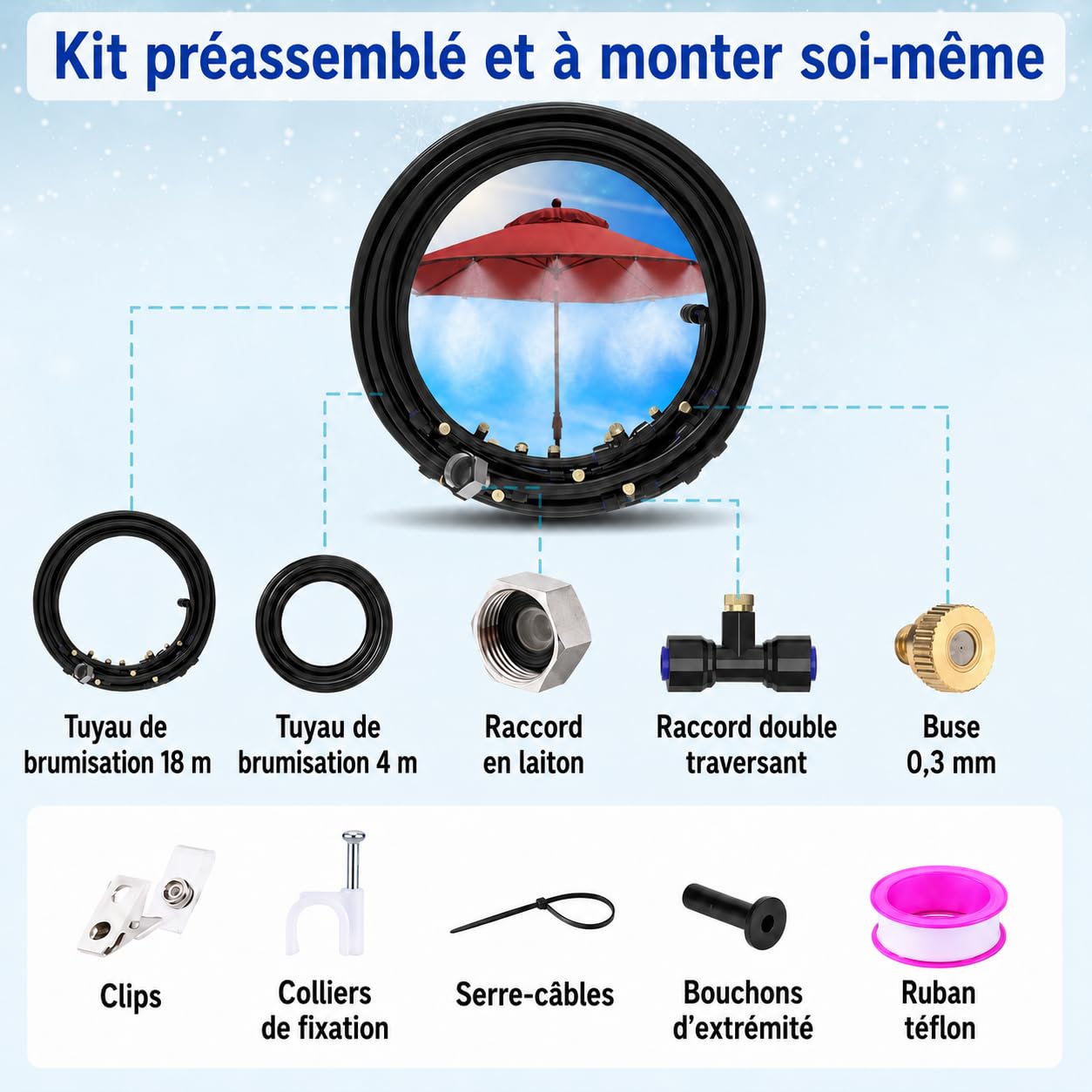 Brumisateur Terrasse 18M Préassemblé avec 26 Buses, Kit de Brumisation Extérieur avec Adaptateur 3/4" en Laiton pour Patio, Jardin, Serre et Animaux