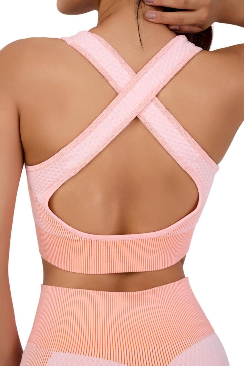 Set da allenamento da donna, 3 pezzi, senza cuciture, leggings a vita alta, reggiseno sportivo e top corto, per yoga e fitness, palestra