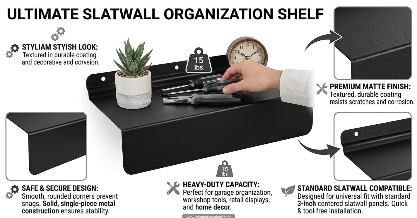 Cherry-S 6-Pack 10" x 4.3" Heavy Duty Metal Slatwall Shelves, Slat Wall Shelf Accessories with Concrete Anchors for Garage Organization, Retail & Home Wall Storage (Black)