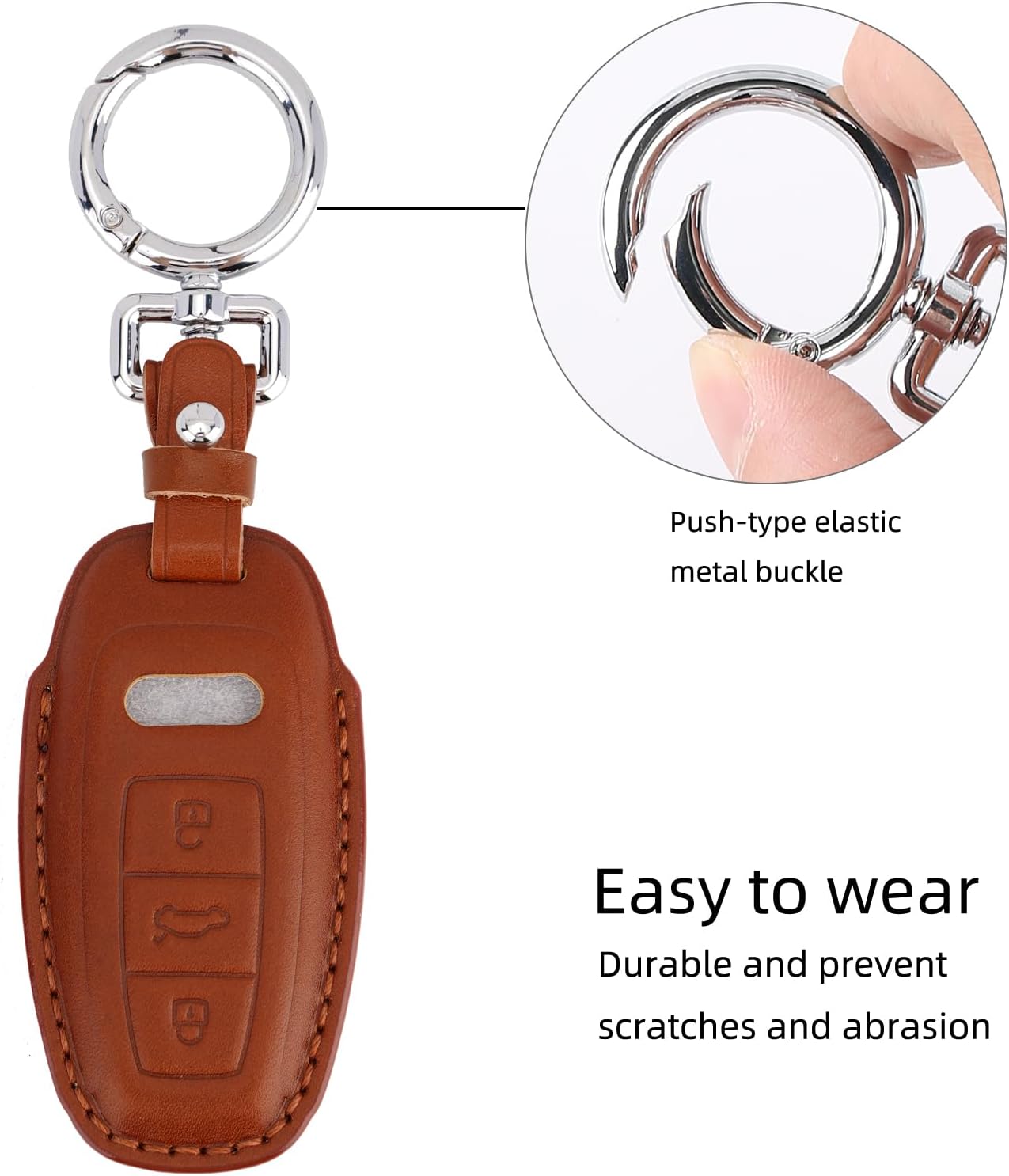 Genuine Leather Key Fob Cover with Keychain, Compatible with Audi 2019-2022 A3, A6, A7, E-Tron, A8, and Q8 Smart Key (Dark brown)