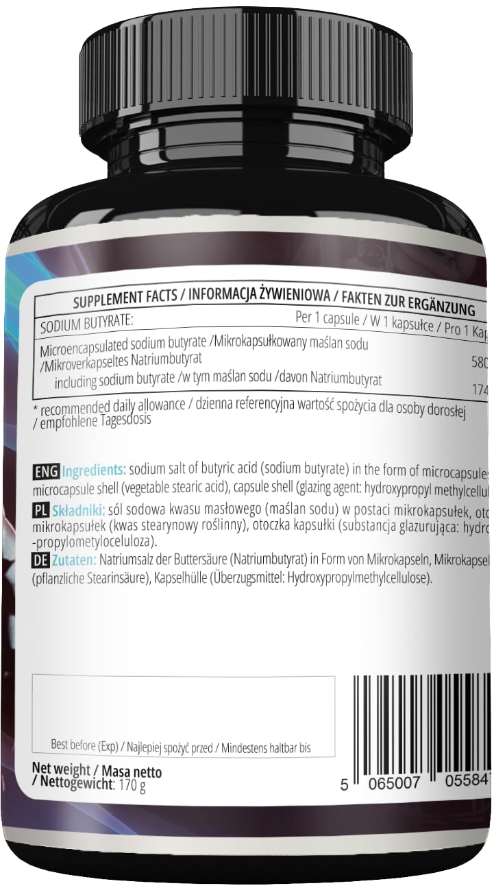 Sodio butirrato ad alto dosaggio 570 mg (30% di acido butirrico), 240 capsule vegane, fornitura di 8 mesi, integratore per sostenere la rigenerazione della barriera intestinale - Apollo's Hegemony
