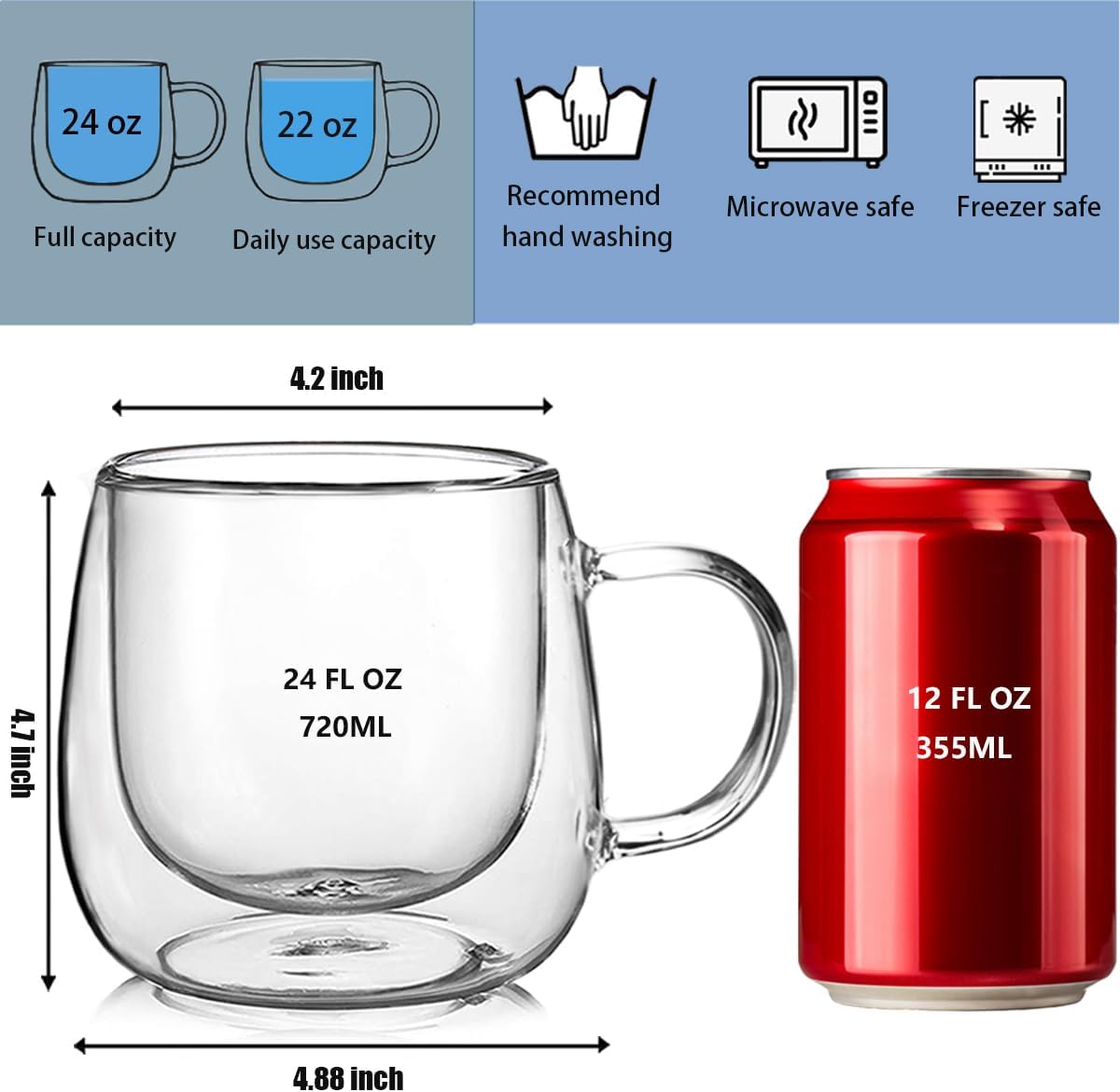 Large Double Walled Glass Coffee Mugs Beer Cups 24oz set of 2, Insulated Clear Borosilicate Glass Tea Lemonade Cups with Handle - Image 7