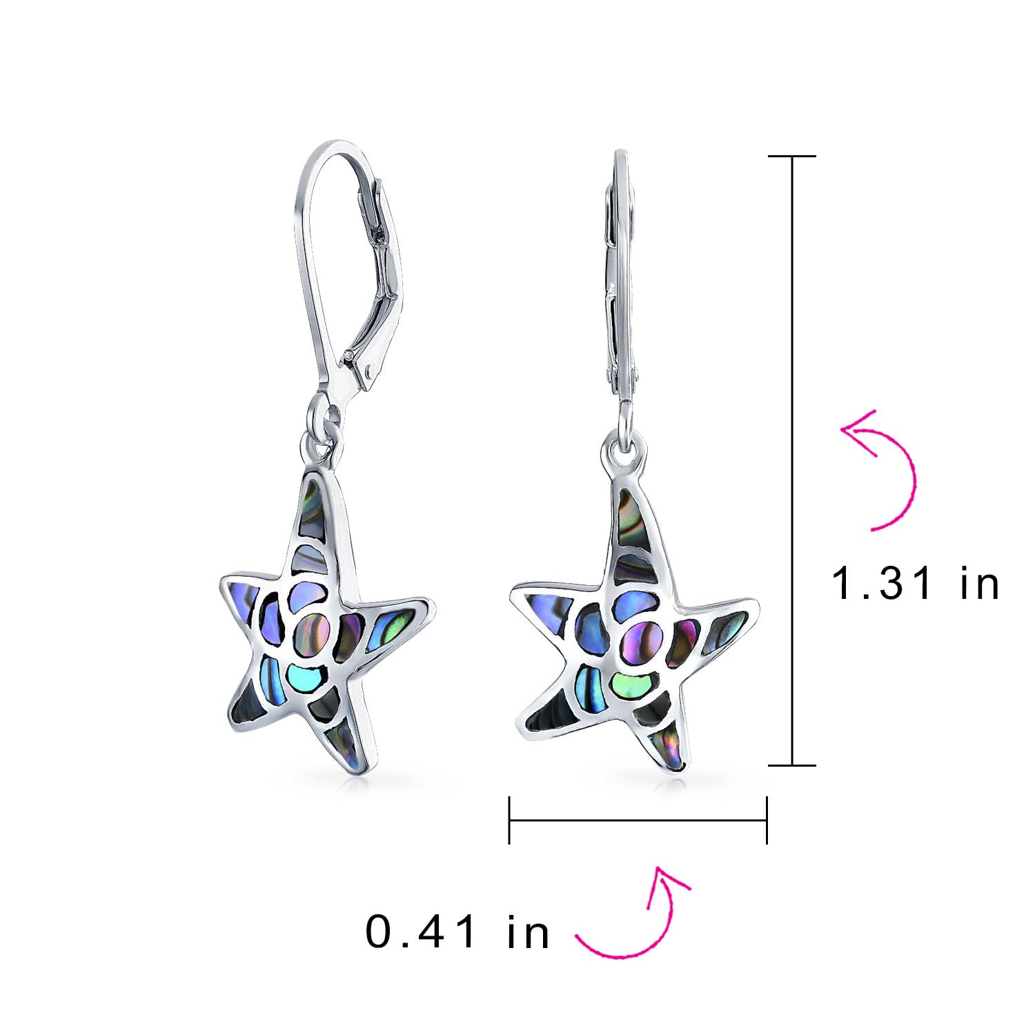 Pendientes de estrella de mar colgantes con incrustaciones de concha de abulón iridiscente para luna de miel de vacaciones náuticas en la playa para mujeres adolescentes .925 de plata de ley con