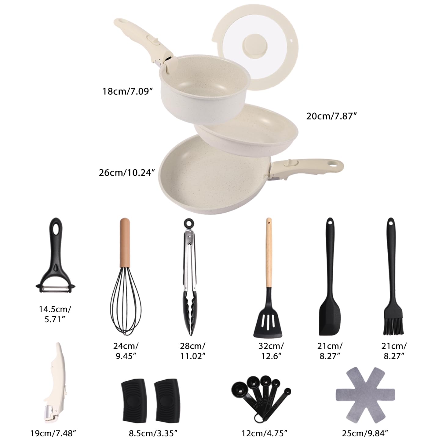 Lot de 19 poêles en céramique avec poignée amovible - Lot de 19 ustensiles de cuisine non toxiques pour la maison - Sans PTFE/PFOA/PFAS et passe au lave-vaisselle - Pour camping, camping-car, voyage