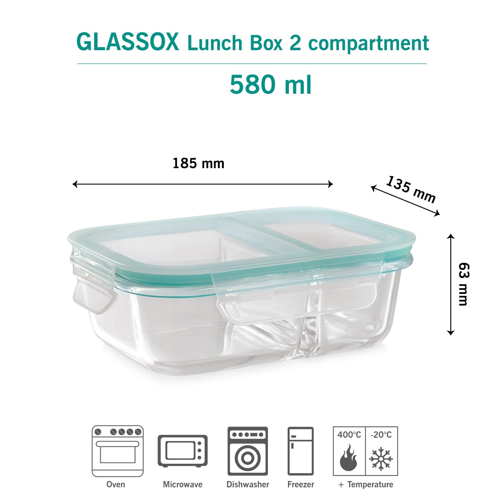 Attro Glassox - Lonchera con dos compartimentos y tapa de bloqueo, recipiente de vidrio de borosilicato, apto para microondas y congelador, hermética, a prueba de fugas, 580 ml