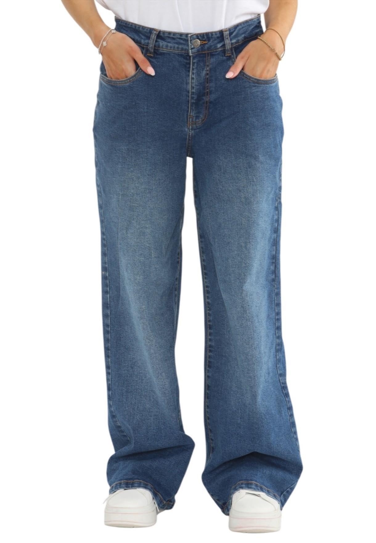 MYT Womens Wide Leg Jeans Ladies Baggy Loose High Waisted Stretch Denim Pants Mid Stonewash Blue 22 Regular