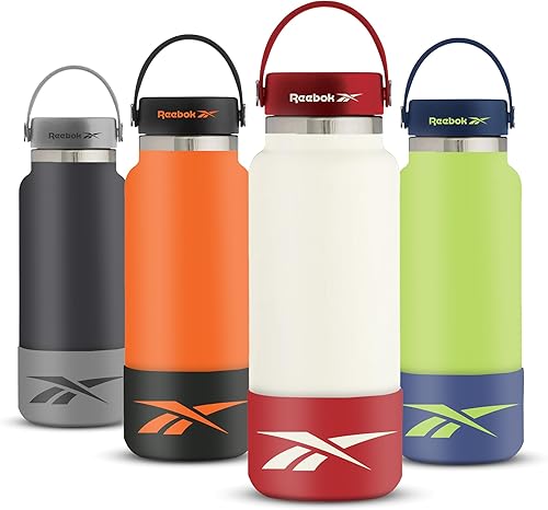Reebok Botella de agua de acero inoxidable con asa y diseño atlético, botella de agua aislada de 40 onzas, botella de agua deportiva aislada al