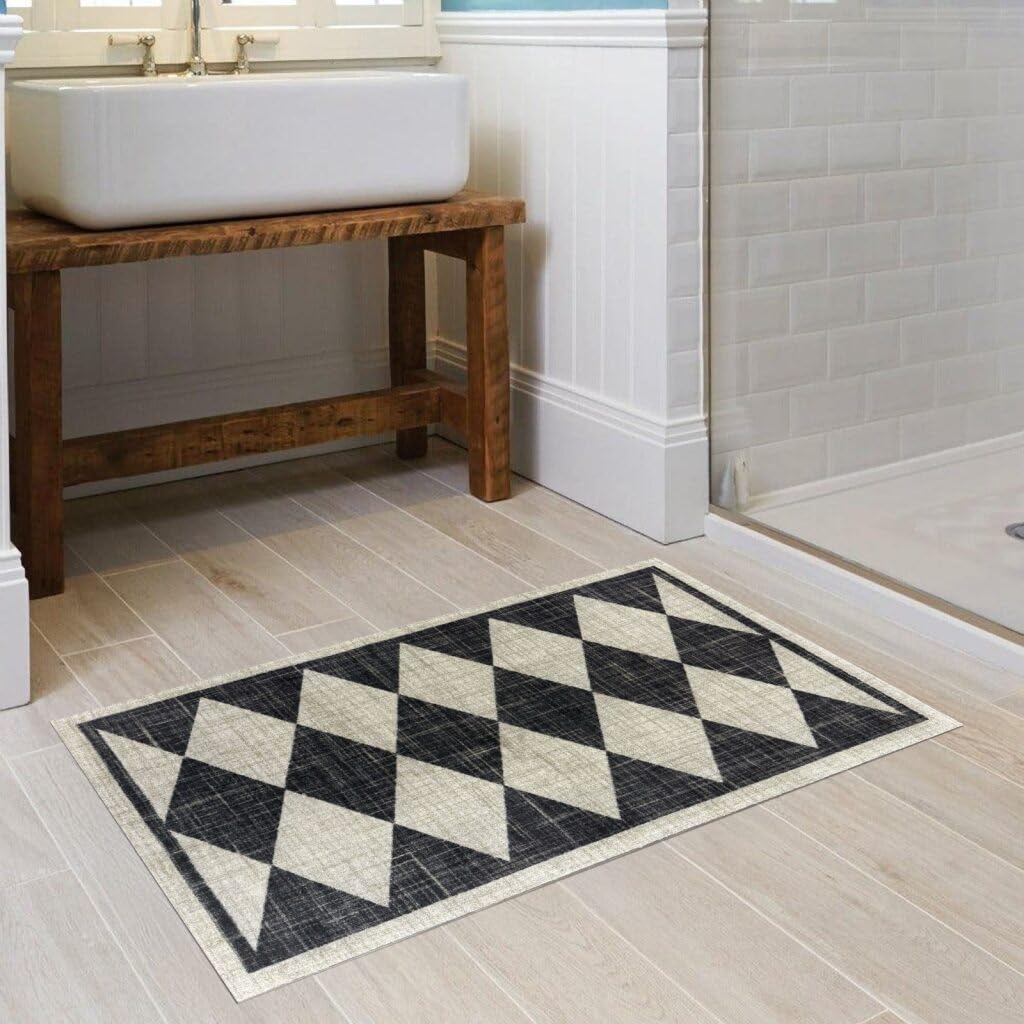 Wash Dry Arthur Diamonds One-Piece Washable Rug with Rubber Backing Large Door Mat for Entryway Kitchen Bathroom Non-Slip
