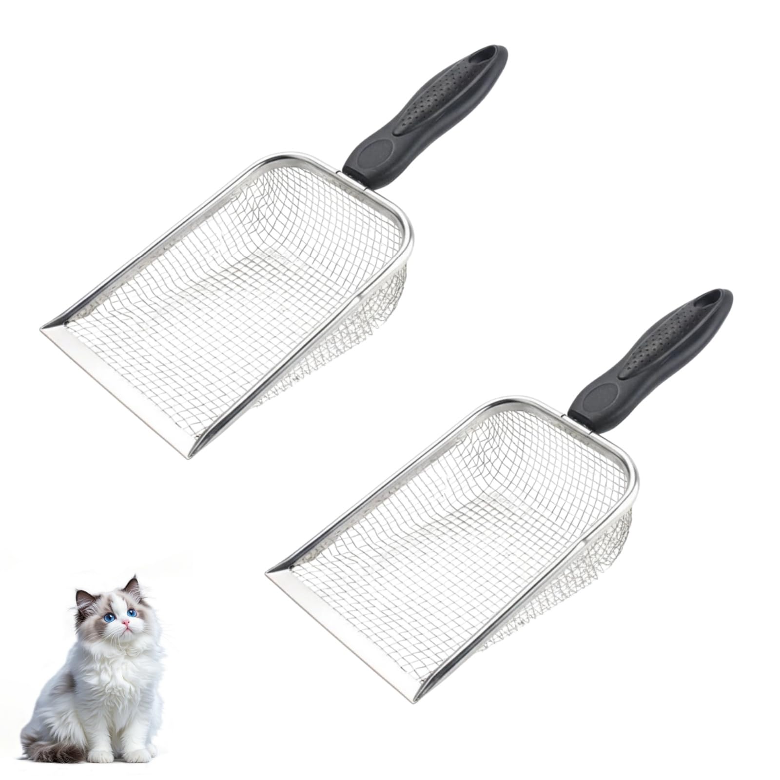 2 Pcs Cat Litter Scoop,litter scoop ,pooper scooper,Stainless Steel Mesh Litter Shovel,Kitten Pooper Lifter, Durable, Heavy Duty, for Litter box,,Easy to Clean Reptile Terrarium Sand Waste(Black)