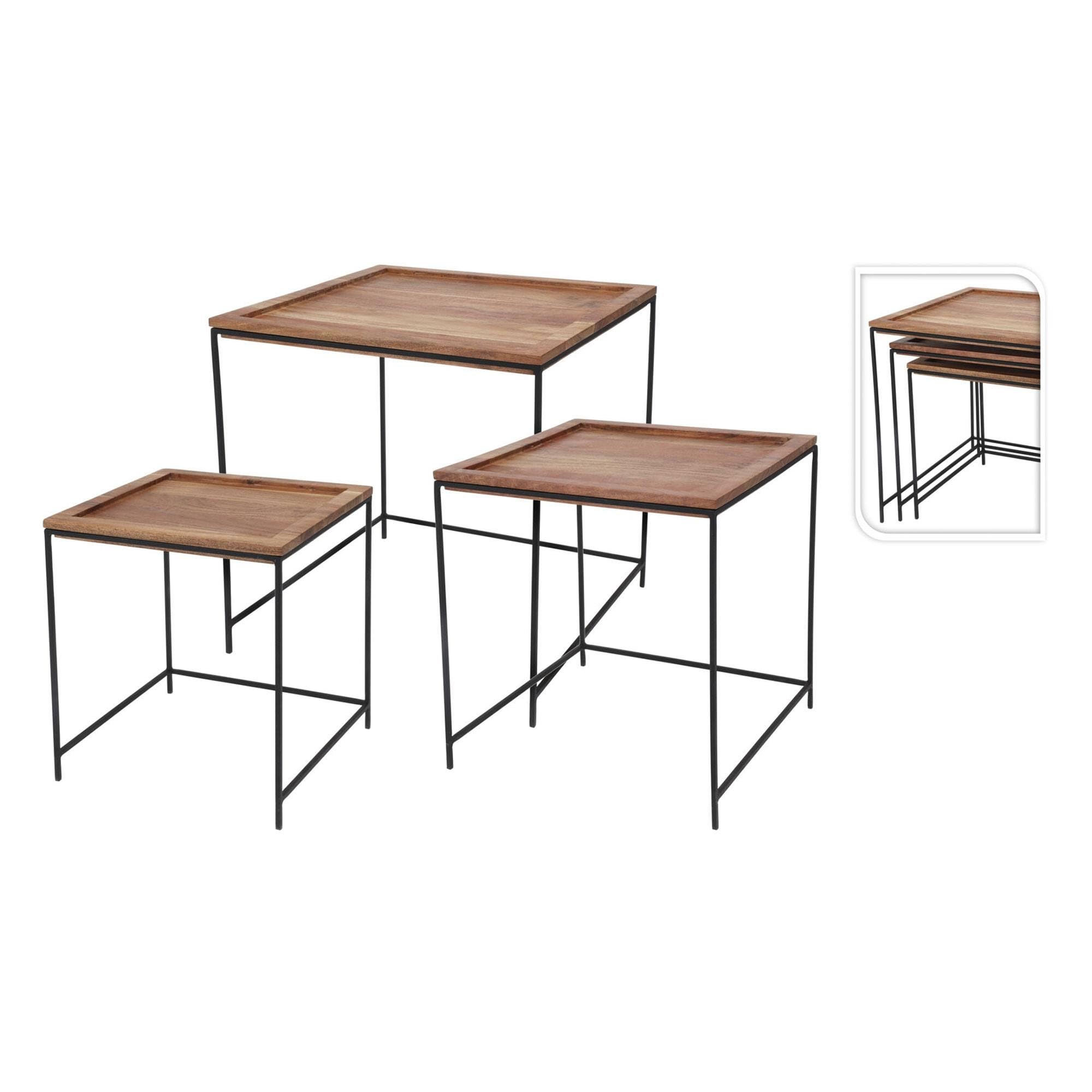WELL HOME MOBILIARIO & DECORACIÓN Well Home Set di 3 tavolini in Legno di Acacia, Naturale, 41x40x40 cm