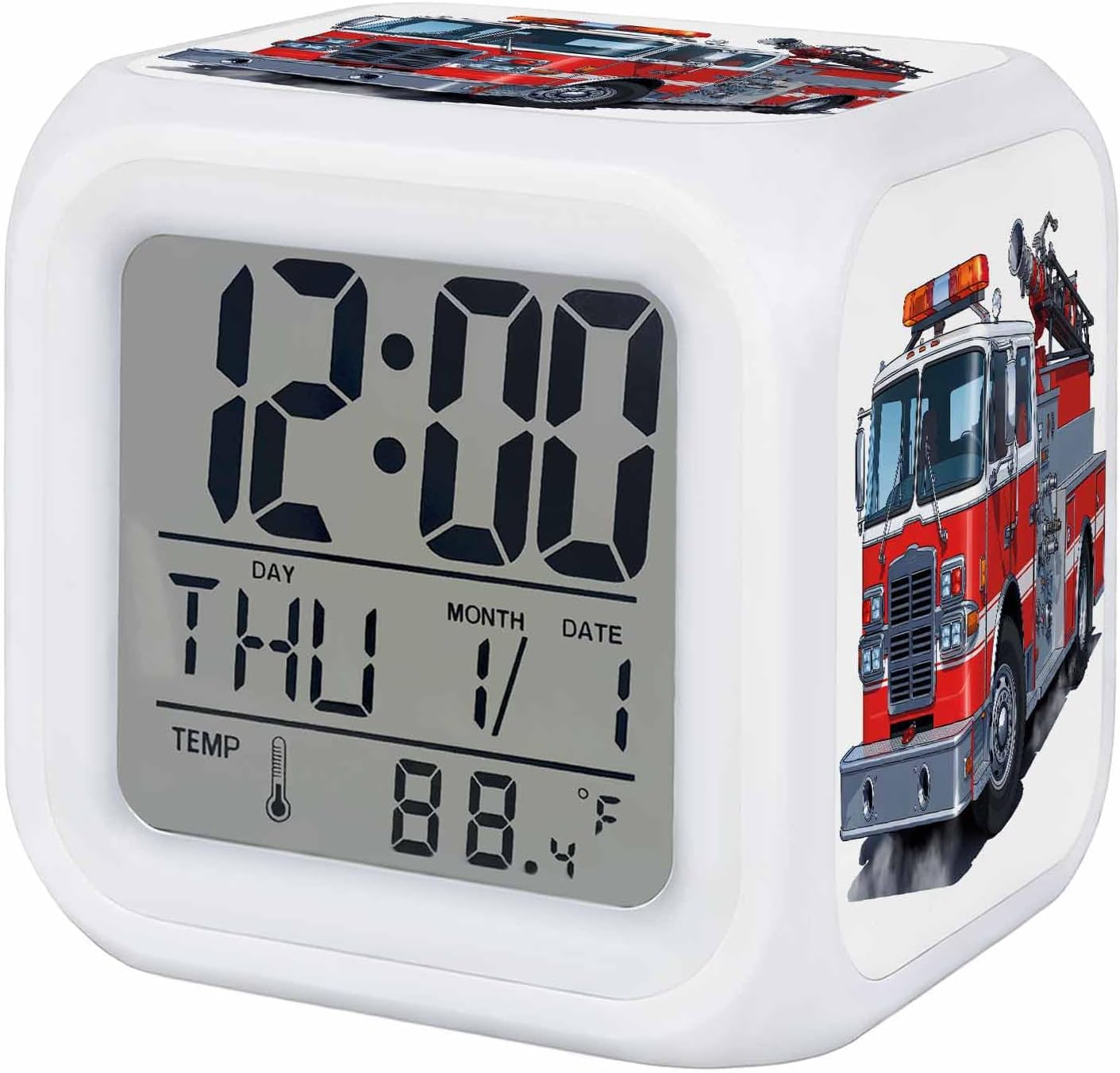 Fire Trucks Alarm Clock Cartoons Vehicles Modern Red Car 7 Colors LED Night Light Battery Operated Digital Alarm Clocks with Temperature for Bedroom Office Living Room