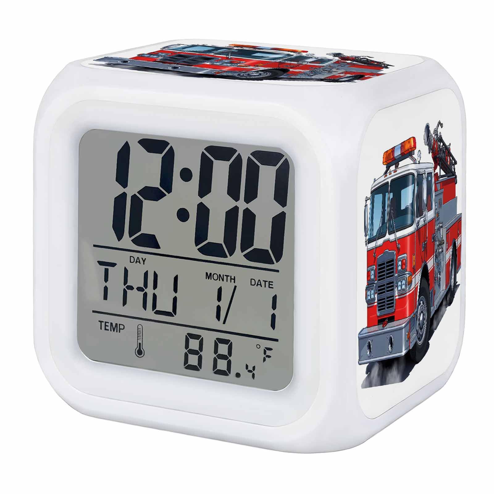 Fire Trucks Square Silent Electric Clock, Cartoons Vehicles Modern Red Car Digital Alarm Clock with Date, Temp, LED Light, 9 Sounds for Bedroom Office Table 3.2x3.2x3.2In