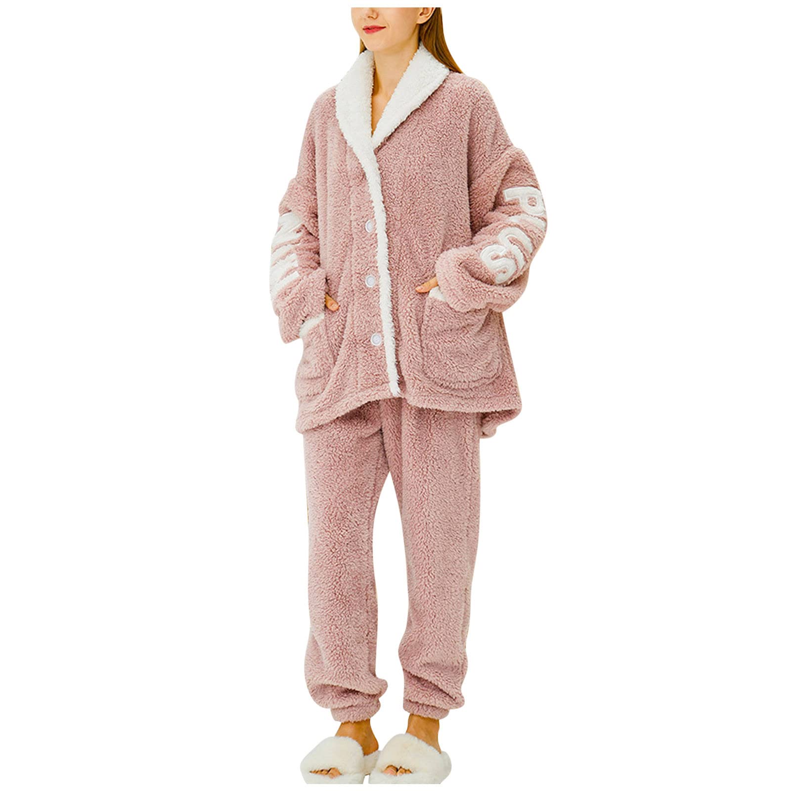 Conjunto de pijama de algodón mullido con botones para mujer, estilo casual, cálido, de algodón, suave, acogedor, ropa de dormir para invierno, otoño, ropa de descanso, suave y cómoda
