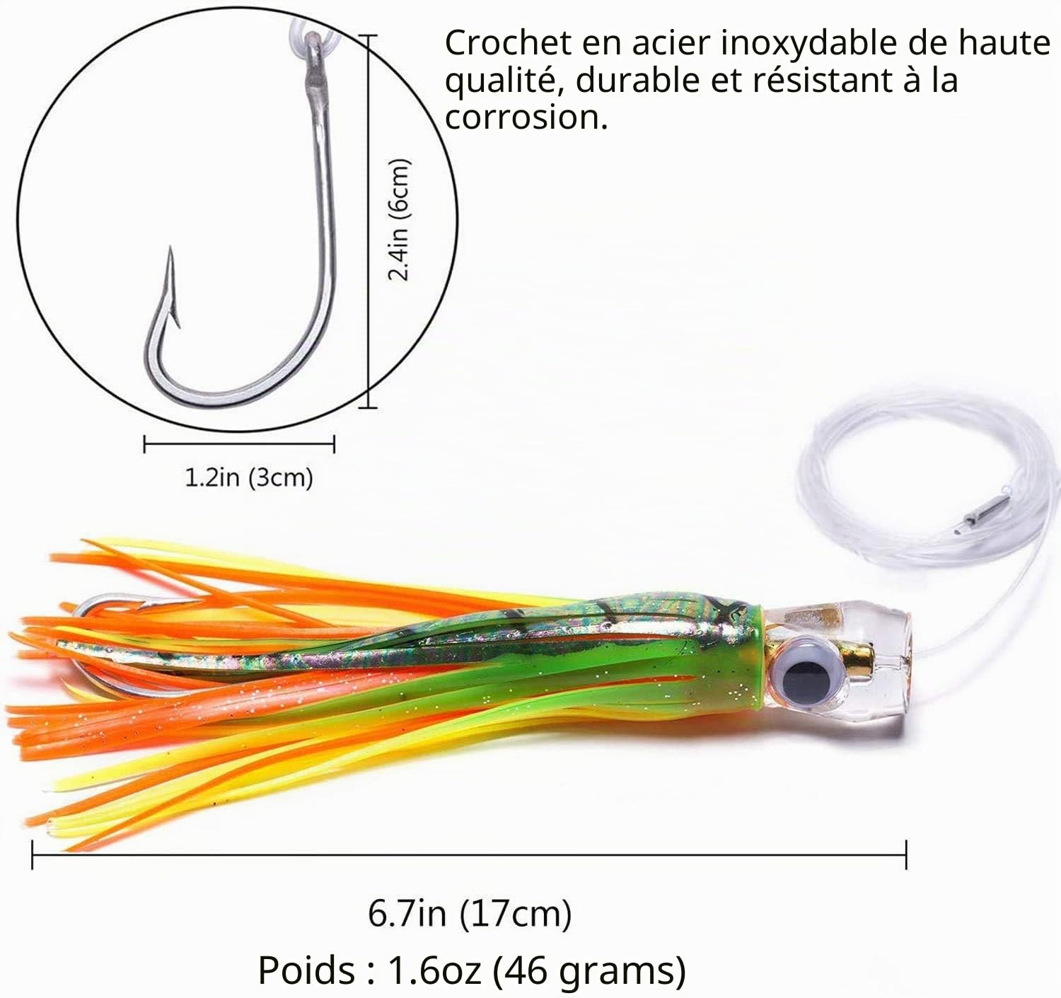 Lot de 6 leurres de pêche à la traîne pour marlin, thon, mahi, daurade, thazard et pieuvre