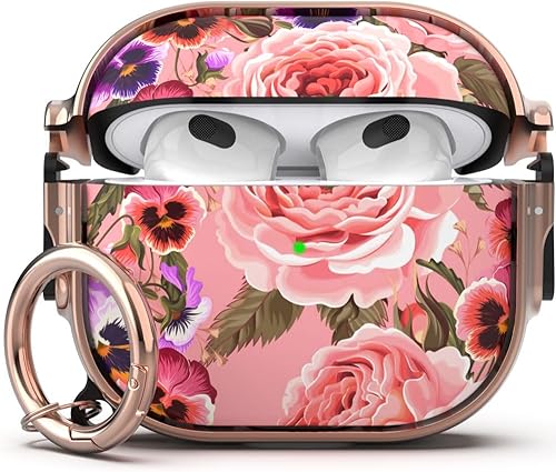 Funda para AirPod 3 con cerradura, tercera funda para AirPods para mujeres y hombres, funda rígida de flor con llavero (flor rosa)