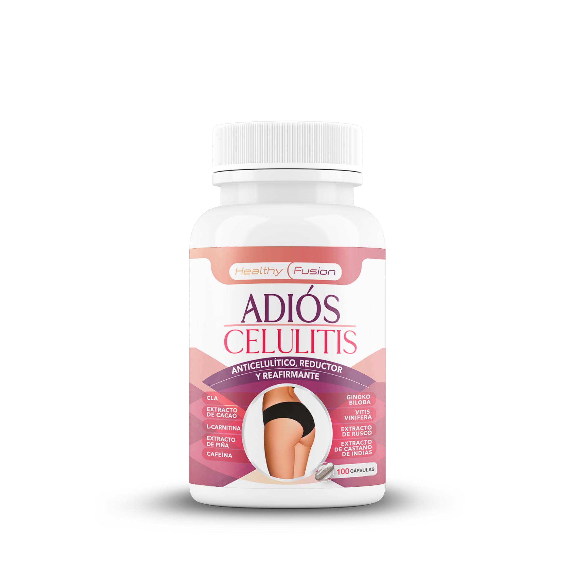 Adiós Celulitis Healthy Fusion | Anticelulítico Reductor Potente con L-Carnitina, Castaño de Indias, CLA, Cafeína, Cacao | Elimina celulitis y piel de naranja | Reafirma y tonifica la piel | 100 Caps