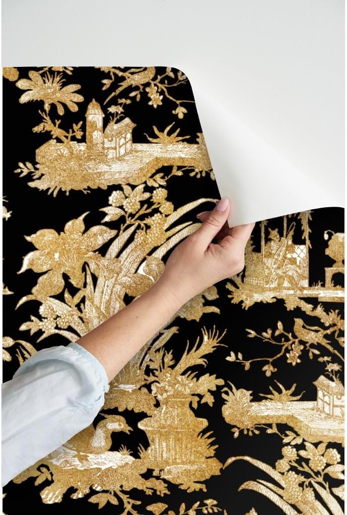 Peel & Stick Wallpaper Swatch - Chinoiserie Toile Black Asian Gold Chinese Custom Removable Wallpaper by Spoonflower