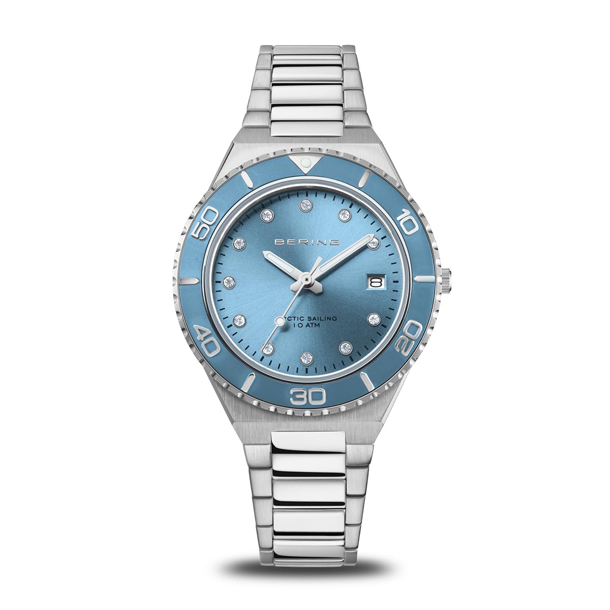 Bering Damen Quarz Uhr | Armbanduhr 36 mm silbernes Edelstahlgehäuse und blaues Zifferblatt | Edelstahlband mit Edelstahlelementen | 10 ATM | 18936-705