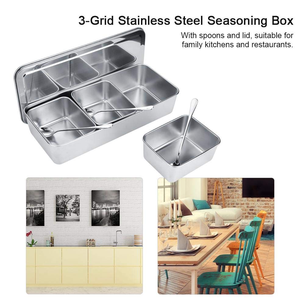 Scatola per Condimenti, Portacondimenti Set di 3 Condimento Box Spezia Jar, Sei Scatola di Condimento in Acciaio Inox Estraibili con Coperchio e 3 cucchiai per spezie, condimenti