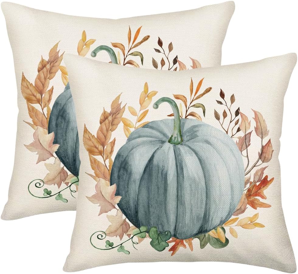 Fall Blue Pumpkin Pillow Covers 22x22 Inch Set of 2 Cute