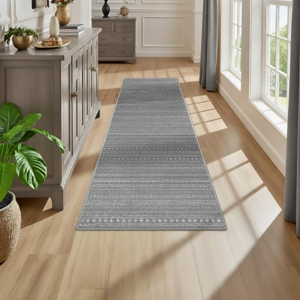 Enkor Runner Rugs for Hallway, 2x8 Washable Soft Maroc Non Slip Floor Rugs for Kitchen, Modern Mat for Living Room Bedroom Entryway Dark Grey