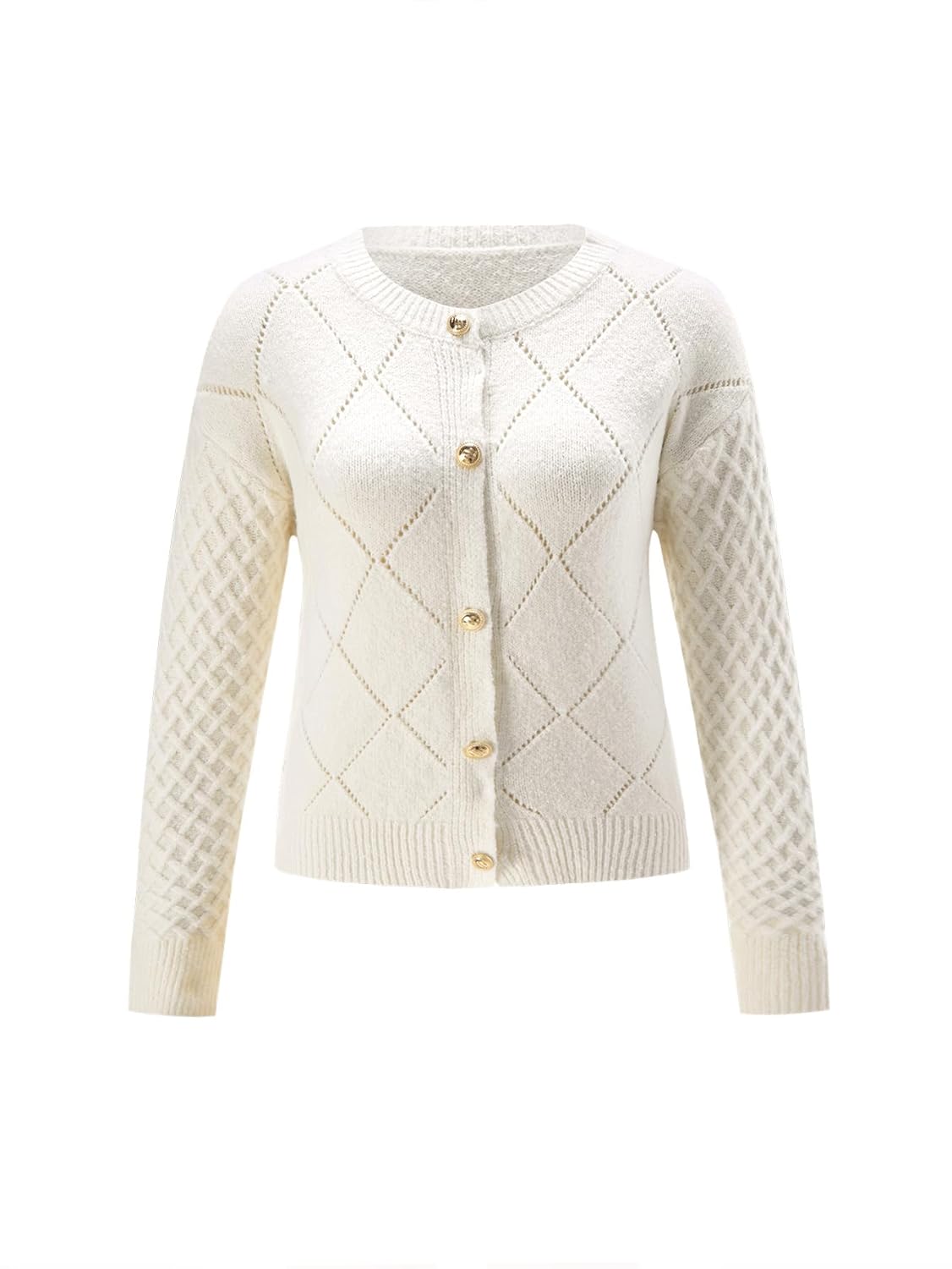 Womens Button Up Cardigans Elegant Crew Neck Long Sleeve Knit Sweater Outerwear