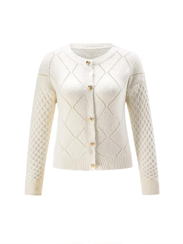 Womens Button Up Cardigans Elegant Crew Neck Long Sleeve Knit Sweater Outerwear
