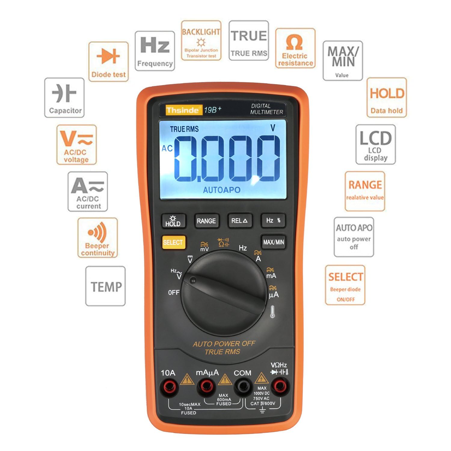 Thsinde Digital Multimeter front panel with all function symbols and their meanings.