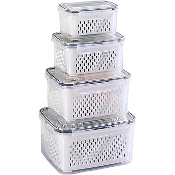 Kongming Fridge Organiser Food Storage Boxes Set with Lid and Separable Strainer 4 Pieces Food Storage Containers for Fruit Vegetables Salad Berries Eggs Potato Storage 4.15L + 3.15L + 1.7L + 0.8L