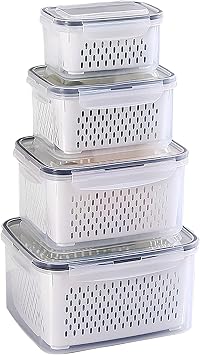 Kongming Fridge Organiser Food Storage Boxes Set with Lid and Separable Strainer 4 Pieces Food Storage Containers for Fruit Vegetables Salad Berries Eggs Potato Storage 4.15L + 3.15L + 1.7L + 0.8L