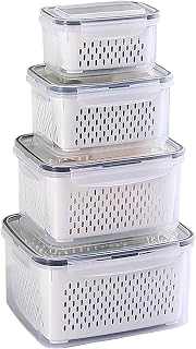 Kongming Refrigerator Storage Food Container with Lid, Food Container, Refrigerator Organizer Set, Cooling Organizer, 4-Piece Set, 800ml + 1700ml + 3100ml + 420ml, with Lid and Strainer (White)