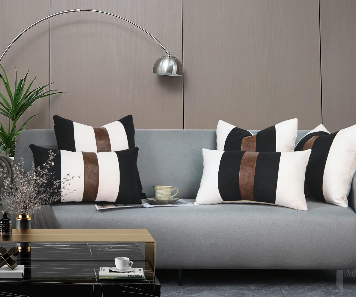 JASEN Set of 2 Faux Leather and Linen Lumbar Pillow Covers 22x22 Inch Black and White Modern Farmhouse Rectangular Accent Cushion Covers for Couch Sofa