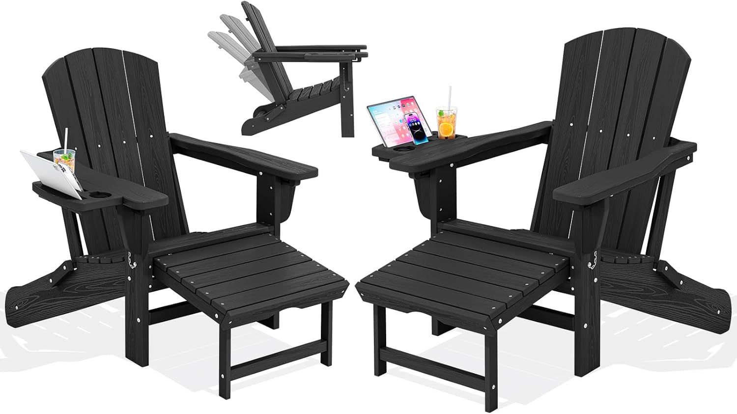 KINGYES Adjustable Folding Adirondack Chair with Footrest & 4-in-1 Multi-Functional Armrest Organizer Set of 2, HDPE Foldable Recliner Adirondack Chair with Pull-Out Ottoman, Black