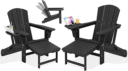 Miniatura 61 de KINGYES Silla Adirondack plegable ajustable con otomana retráctil, silla reclinable Adirondack de polietileno de alta densidad con soporte para Negro