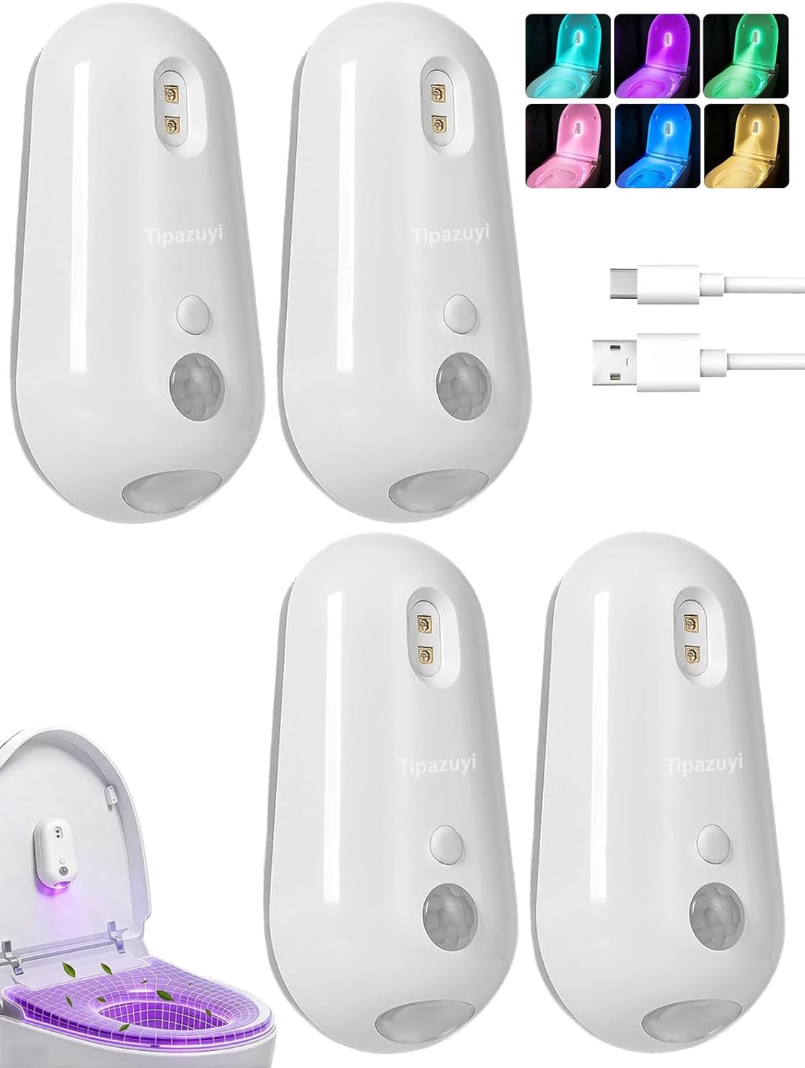 Self Cleaning UV Toilet Sanitizer and Night Light, Motion-Activated, USB Rechargeable, Night Light Toliet, Adhesive-Mounted for Shared Bathrooms, For Elderly(4PCS)