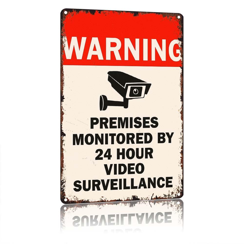 WARNING Premises Monitored By 24 Hour Video Surveillance, Vintage 12X8 Inch Aluminum Metal Tin Sign, 24 Hour Video Monitoring Security Warning Sign for Outdoor Indoor Garage Fence Yard Wall Decor