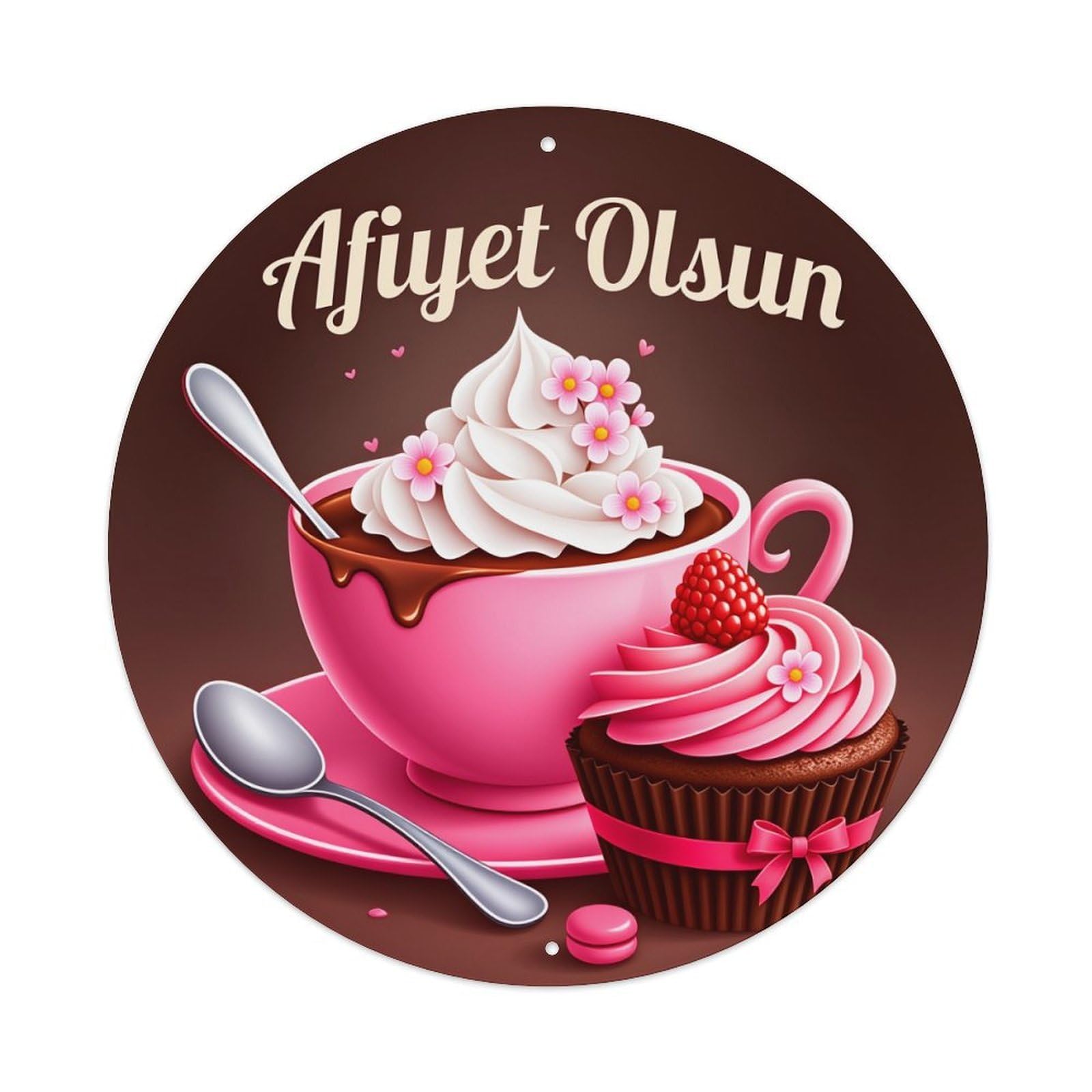 Cupcake Chocolate Flower Spoon Pink Round Tin Sign Vintage Style Metal Sign Home Bar Garden Wall Plaque Decor Metal Poster 8x8 Inch