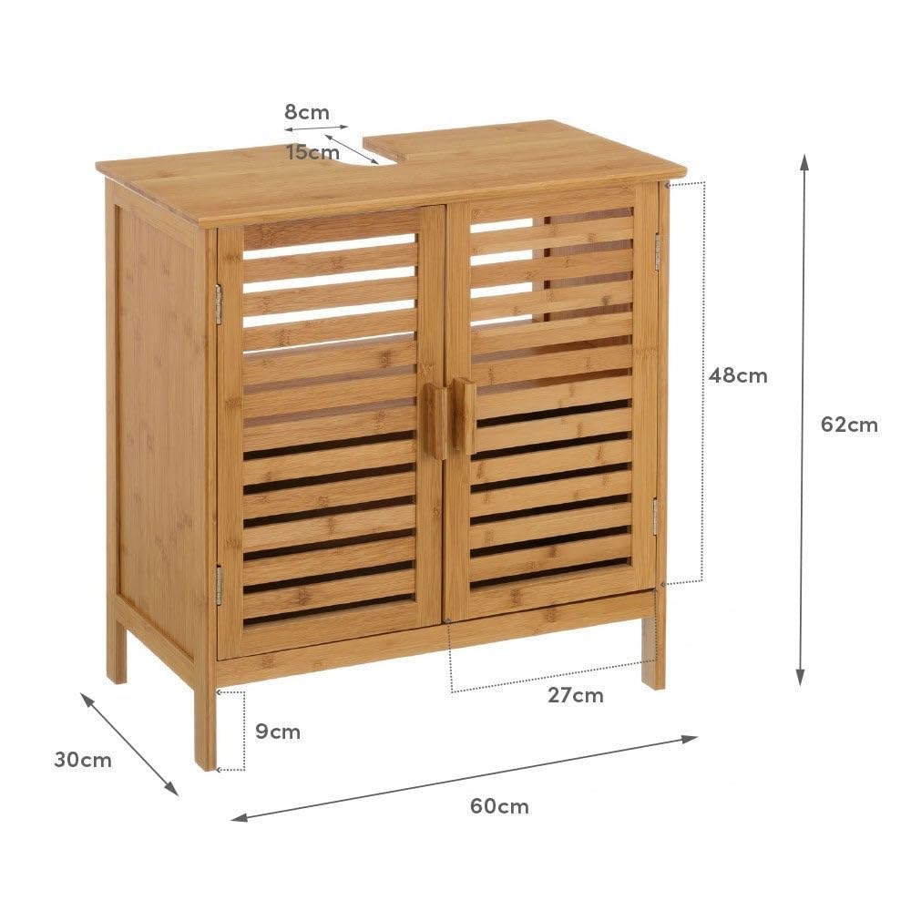 Mueble bajo Lavabo de bambú marrón con 2 Puertas de 60x62x30 cm | Preciosas puertas de persiana de estilo nórdico. Aprovecha el espacio con este armario funcional que da orden y calidez.