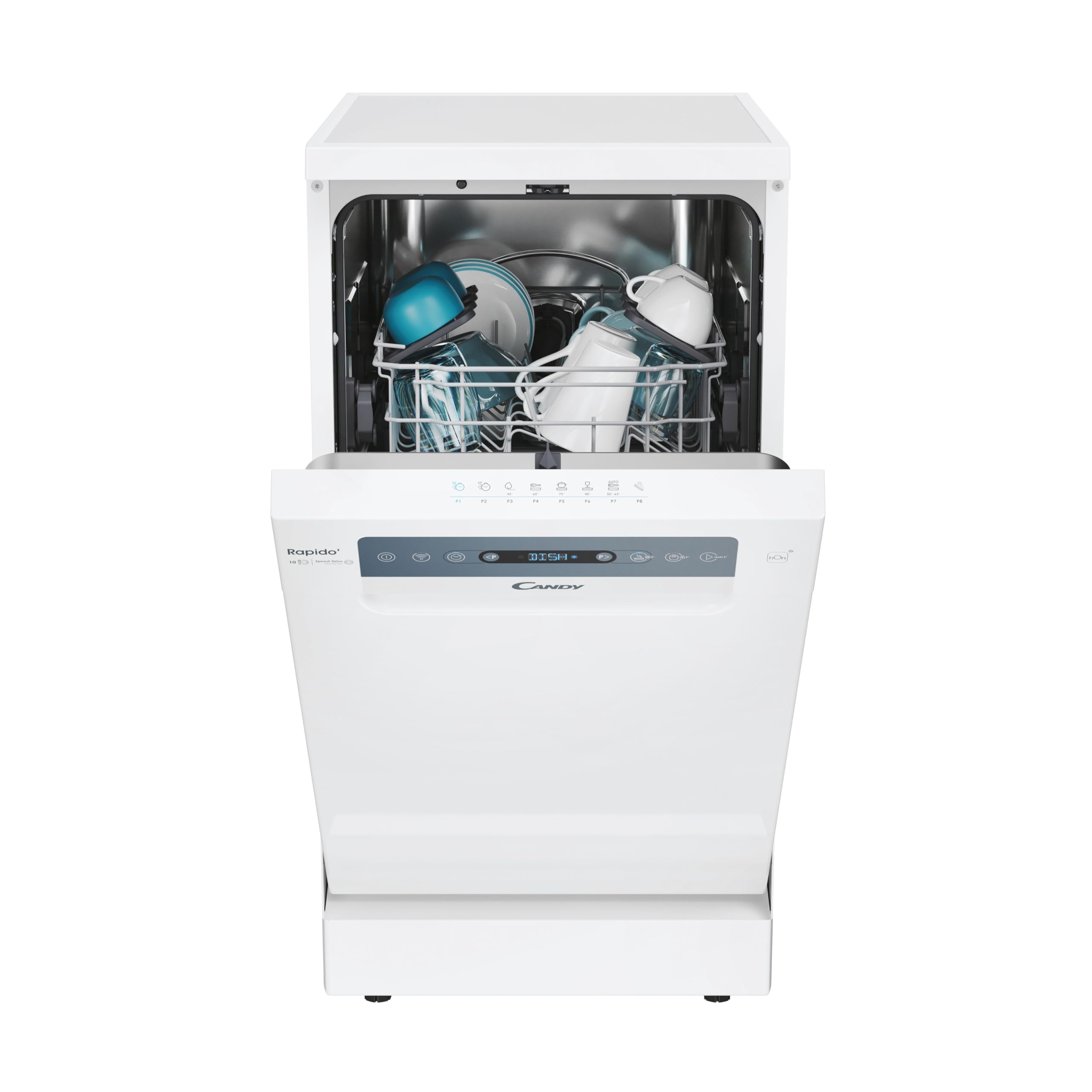Candy Rapidò CF0C7SB0FW Lave-vaisselle, 45 cm, 10 services, numérique, Wi-Fi, 8 programmes, technologie antibactérienne, 47 dB, indicateur sel et rinçage, panier supérieur réglable, départ différé