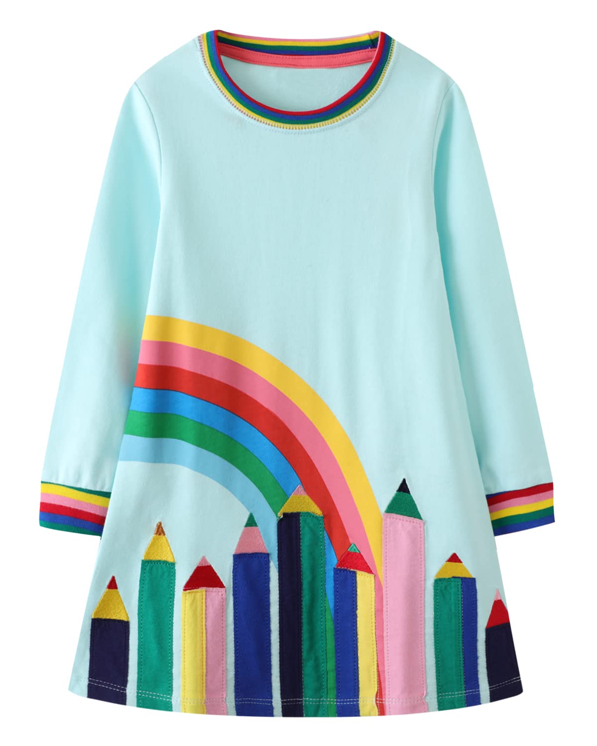 Girls Cotton Long Sleeve Casual Cartoon Appliques Striped Jersey Dresses
